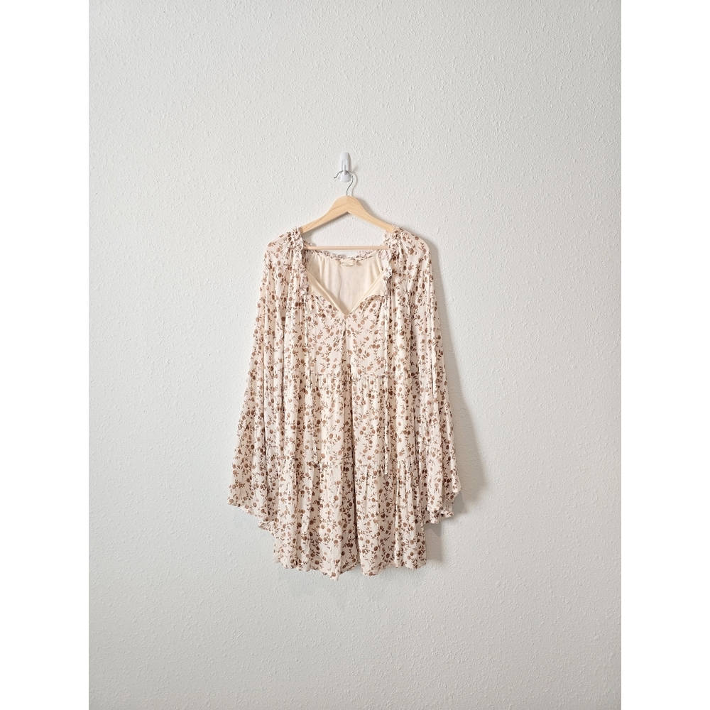 Altar'd State Neutral Floral Flare Sleeve Mini Dress S